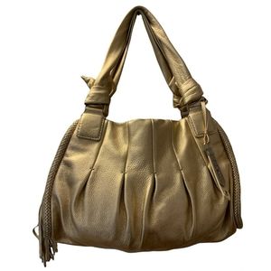 Cole Haan Braided Triple Zip Tassel Trim Large Gold Leather Handbag